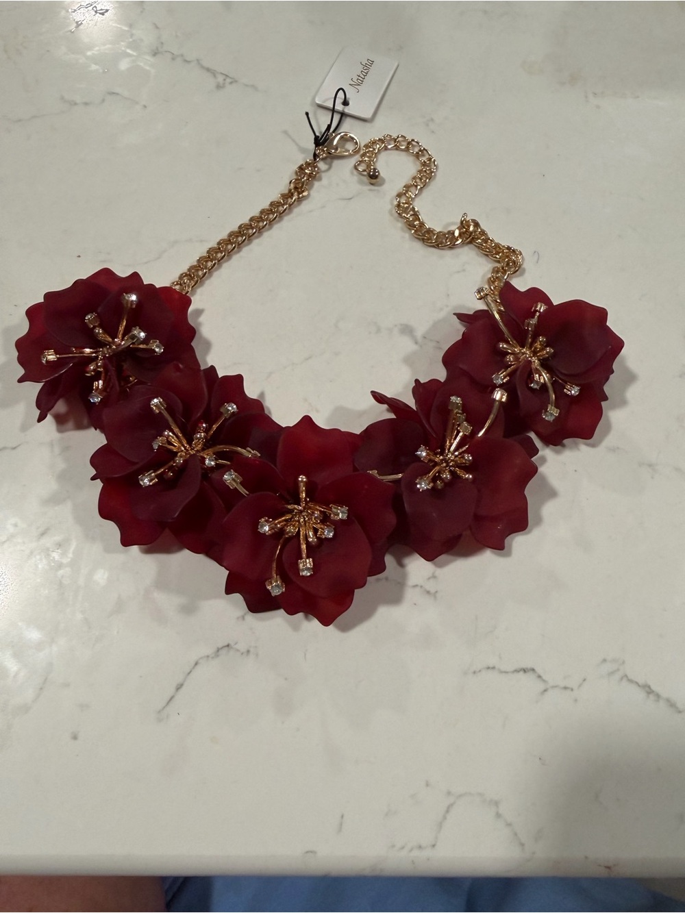 Natasha Couture Gold-Accent Burgundy Floral Bib Necklace